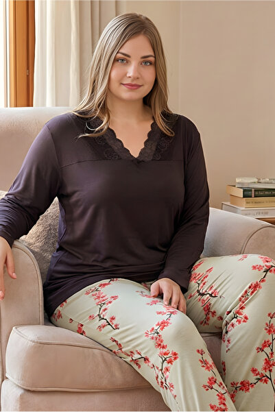 MORRO Women's Oversized V-Neck Lace Trim Long Sleeve Pajama Set - Plus Size Relaxed Fit Loungewear