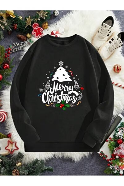 AEMİ Unisex Srećan Božić Štampano Oversize kroj okrugla kragna Crna majica