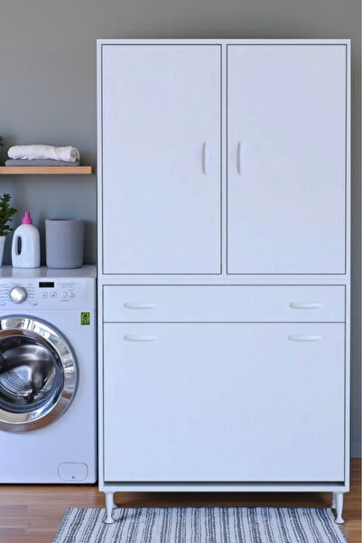 Eliusta Wall Beyaz Banyo Dolabı 95 cm Üç Göz Bölmeli Sepet 95x171x32,5 cm 4 R...