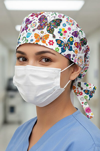 Lion Üniforma Pembe Kelebek Desenli Cerrahi Bone Unisex – Likralı Doktor Hemş...