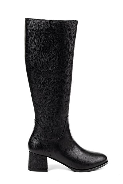 VİVENS MODA Genuine Leather Women's Black Zippered Mid-Heel Below-The-Knee Stylish Boots