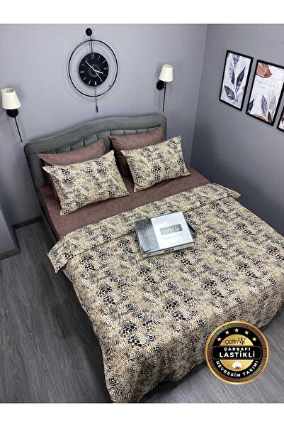Çetinhome Çarşafı Lastikli Çift Kişilik Nevresim Takımı Leopar Bej