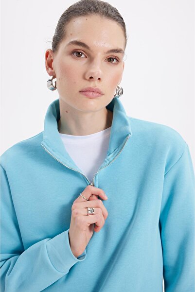 Tudors Women's relax fit comfortable cut cotton inside fleece half zipper turquoise d Mock Neck sweatshirt