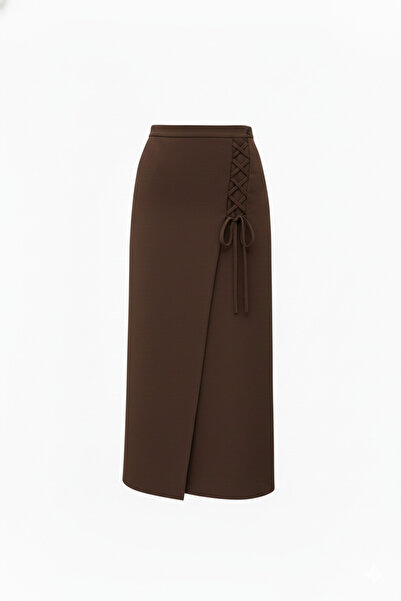 OLEAOFFICIAL Viskon Karışımlı Bağcık Detaylı Midi Boy Düz Renk Etek -Şehir Ko...