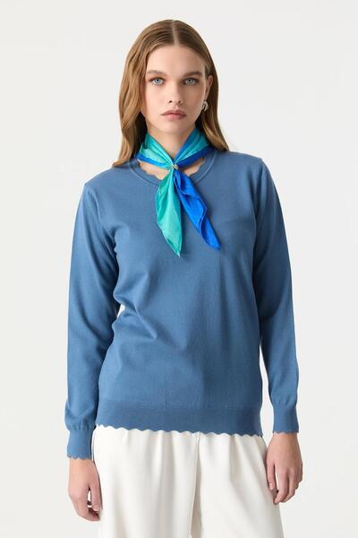 accort Yuvarlak Yaka Angora Triko Kazak-İNDİGO