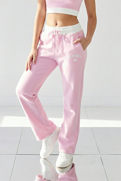 Mood Lab Pembe Kaşkorse Bel Detaylı Bağcıklı Kolej Baskılı Cepli Bol Paça Eşo...