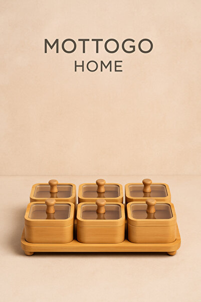 Mottogo 6 Bölmeli Bambu Kahvaltılık Seti – Kapaklı Kuruyemiş ve Kahvaltı Sunumluk Tepsi