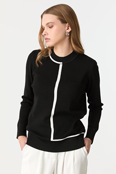 accort Çizgi Desenli Triko Kazak-SİYAH