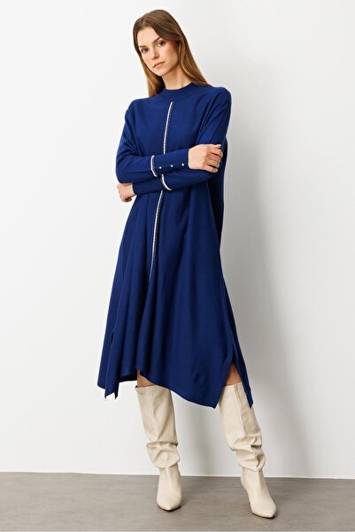 accort Önü Simli Şerit Detaylı Triko Elbise-SAX