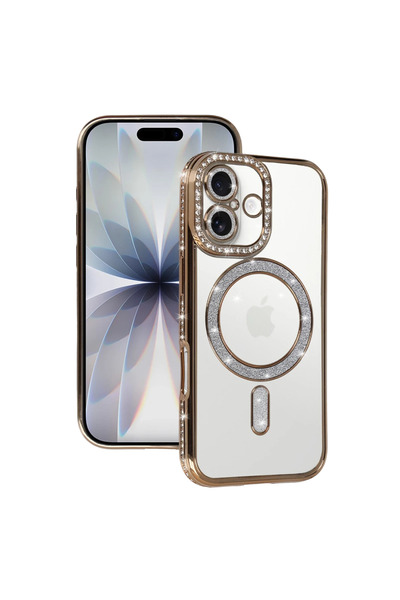 UnDePlus Apple iPhone 17 Kılıf M-Safe Şarj Uyumlu Simli Kamera Kenar Taşlı Ka...