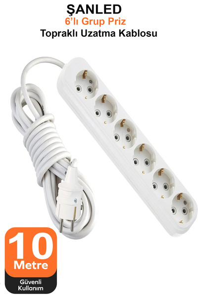 ŞANLED Grup Priz Topraklı 6'lı Çoklu Priz Seyyar Ara Uzatma Kablosu TTR 2x2,5...