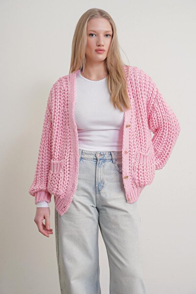Mixray 6967 Women's Pocketed Thick Thessaloniki Cardigan Pink
