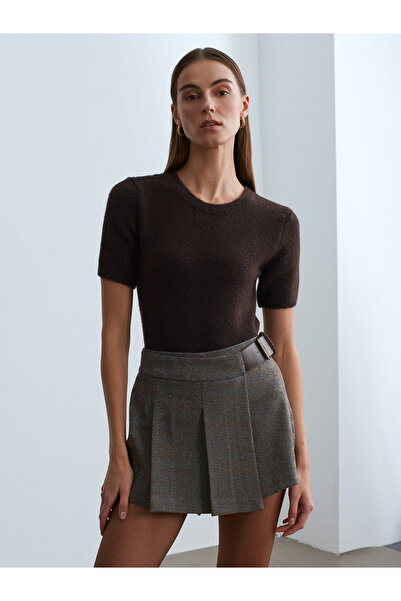 Dilvin 10651 Wool Blend Short Sleeve Sweater-Dark Brown