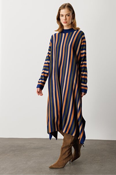 accort Yırtmaç Detay Çizgili Triko Elbise-LACI