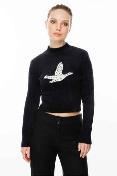 accort Kuş Detaylı Crop Kazak-SİYAH