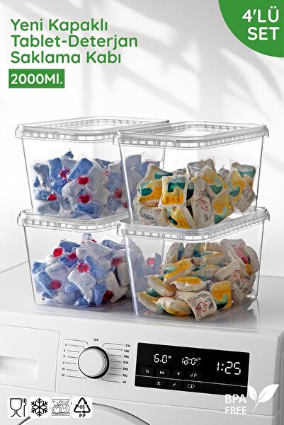 Nandy Home 4'lü Set Yeni Kapaklı Tablet ve Deterjan Saklama Kabı - 4x2Lt.