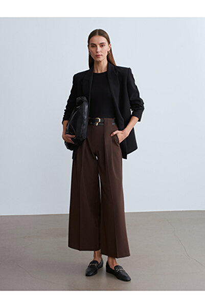 Dilvin 72220 Double Belted Pleated Fabric Trousers-Brown
