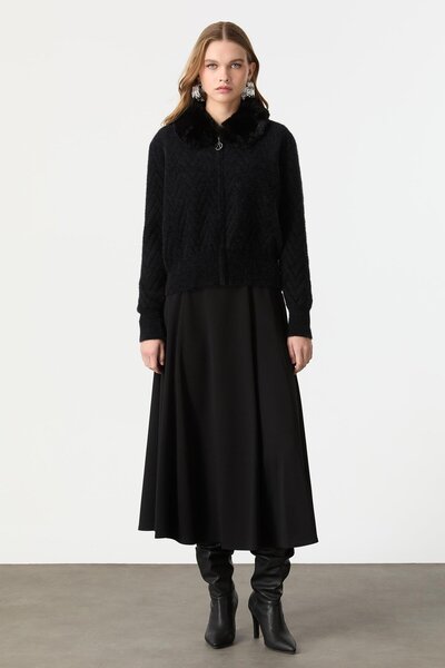 accort Yakası Kürklü Triko Hırka-SİYAH