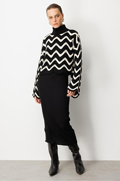 accort Balıkçı Yaka Desenli Triko Takım Elbise-SİYAH