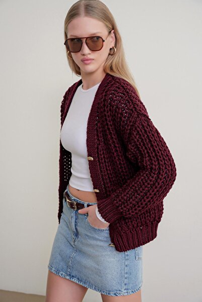 Mixray 6967 Women's Thick Thessaloniki Cardigan with Pockets Burgundy