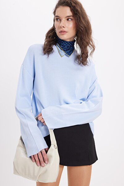 Tudors Women's Oversized Wide Cut Crew Neck Blue Sweater