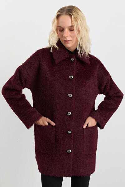 Selen Şömizye Yaka Dıştan Cep Tüylü Kaban-Bordo - 44