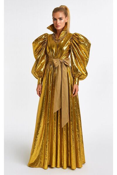 ALYEL NAKER Balon Kollu & Kuşaklı Yarı Transparan Gold Organze Maxi Gömlek El...