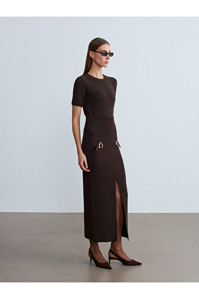 Dilvin 80127 Slit Knitwear Skirt with Accessory Detail - Dark Brown