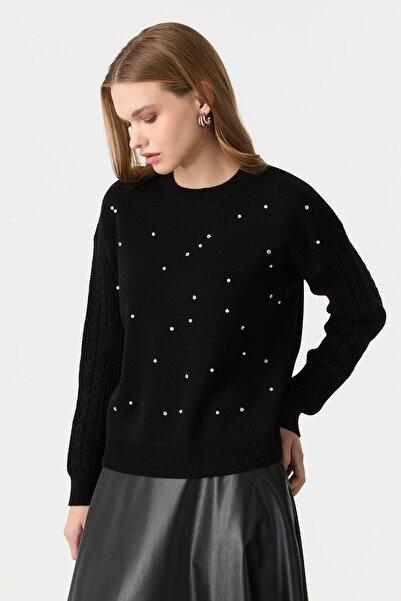 accort İnci İşleme Detaylı Triko TKazak-SİYAH