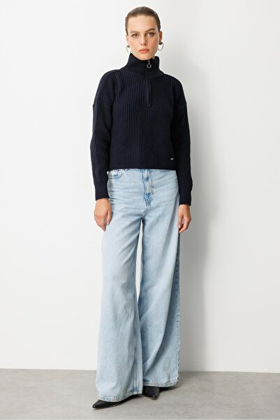 accort Yakası Fermuarlı Selanik Örgü Triko Kazak-SİYAH