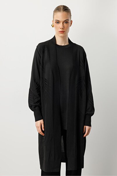 accort Yaprak Desenli Uzun Triko Hırka-SİYAH