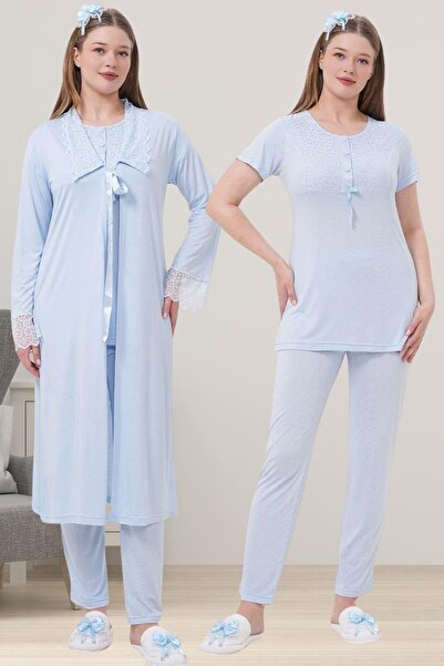 Mio Vero Women's Blue Special Lace Design Cotton Maternity Pajama Set with Dr...
