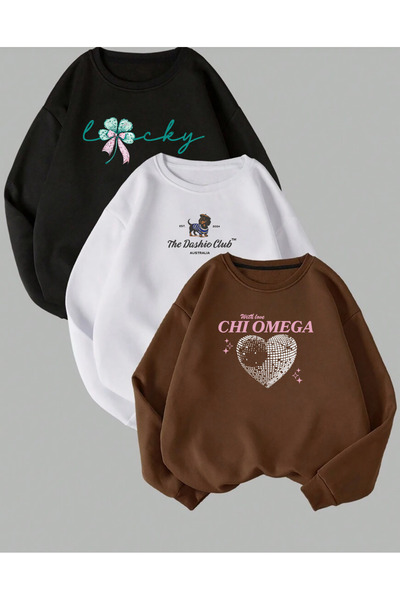 SUNFREE Popular Trend Printed Cotton Crop Neck 3-Piece Set Suit Sweatshirt