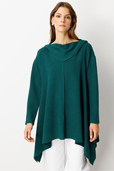 accort Asimetrik Kesim Kapüşonlu Dokuma Tunik-YEŞİL
