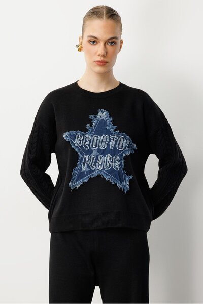 accort Kot Yıldız Detaylı Triko Kazak-SİYAH