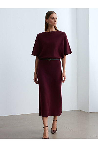 Dilvin 90266 Wool Blend Boat Neck Belted Knit Dress-Burgundy M.