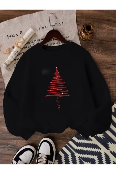 AEMİ Brad de Crăciun unisex cu imprimeu supradimensionat bumbac 100% guler ro...