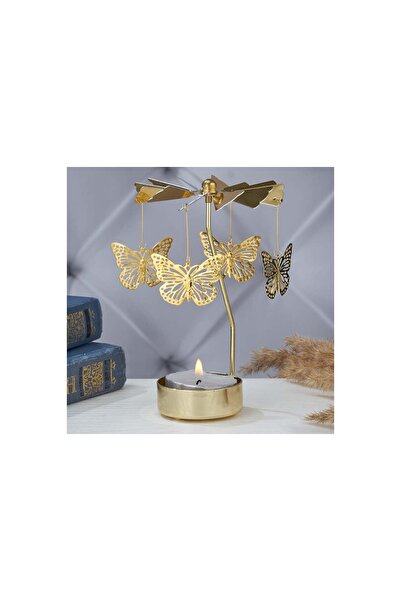 Mihristore Isı İle Dönen Metal Mumluk Kelebek Temalı Altın Renk Dekoratif Masa Üstü Mumluk