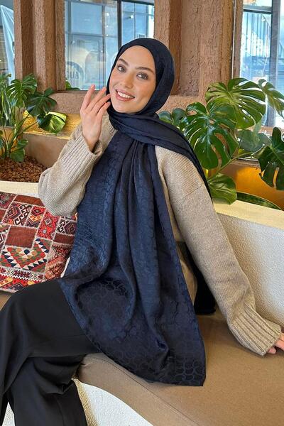 lamelif Bloom Desen Ayrobin Floş Jakar Şal Lacivert