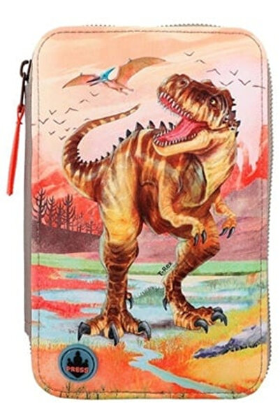Top Model Dino World Pencil Case, Brown T-Rex, three-tier, with light effect