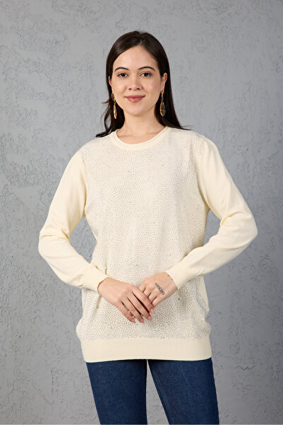 Moda Days Bluză tricotată cu gât rotund cu pietre aplicate pentru femei