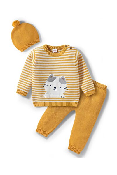 Babyhug Knitted Full Sleeves Striped Sweater Set With Kitty Patch Detailing & Cap - Yellow