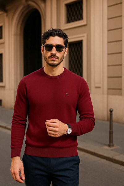 comstar Men's Casual Crew Neck Burgundy Sweater