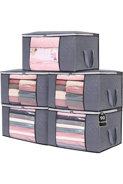 ENAR 90L Large Storage Bags - 5 Pack, Foldable Fabric Storage Boxes with Stur...