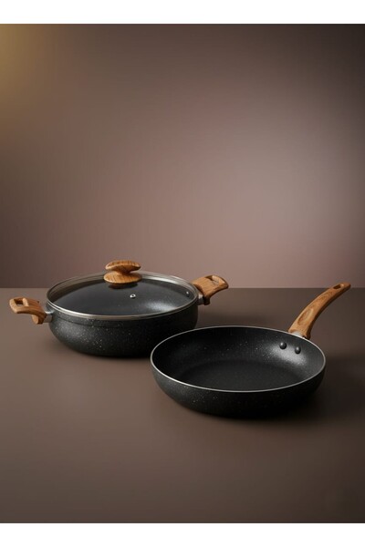 Kitchen Way Palmiyra Granite 28 cm Flat Bottomed Pot with Glass Lid + 28 cm P...