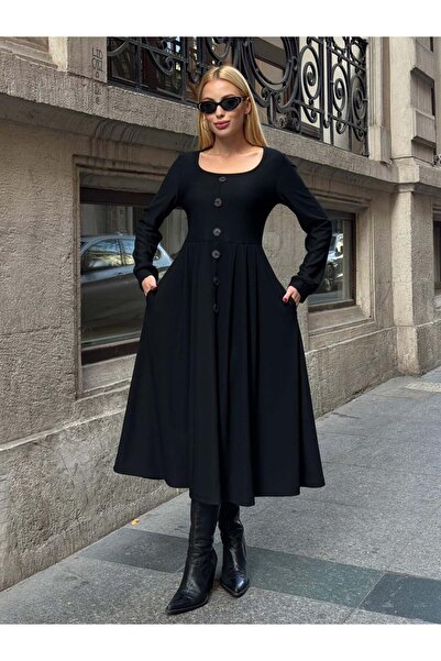 REDMİNA fashion Button Detailed Pleated Dress