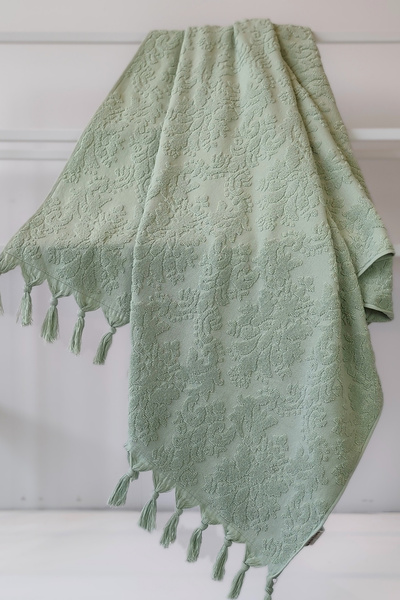 Sevim 100% Cotton Jacquard Bath Towel - Embossed Damask Pattern - 90X150 cm - Light Green