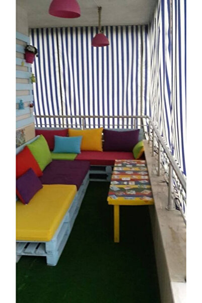 SHY TEKSTİL Halkalı Dış Mekan Branda Balkon Perdesi Bağcıklı Pilesiz Dayanıklı Tasarım Mavi Beyaz