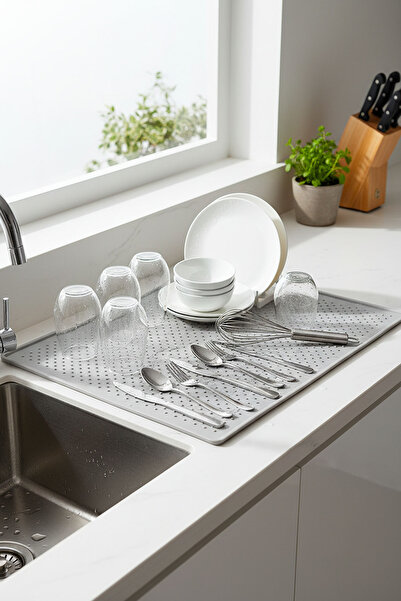 Homekolik Gri Silikon Bulaşık Kurutma Matı 28,5 x 45 cm – Kaymaz, Su Tutucu, ...