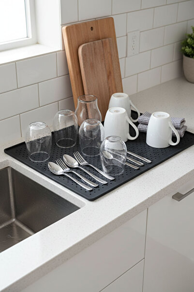 Homekolik Siyah Silikon Bulaşık Kurutma Matı 28,5 x 45 cm – Kaymaz, Su Tutucu...